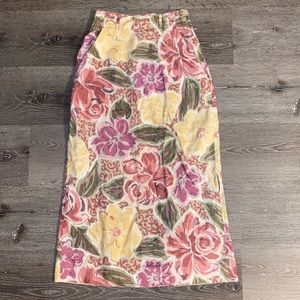 Vintage 80s Outback Red Multi-color Floral Linen High Waist Midi Skirt